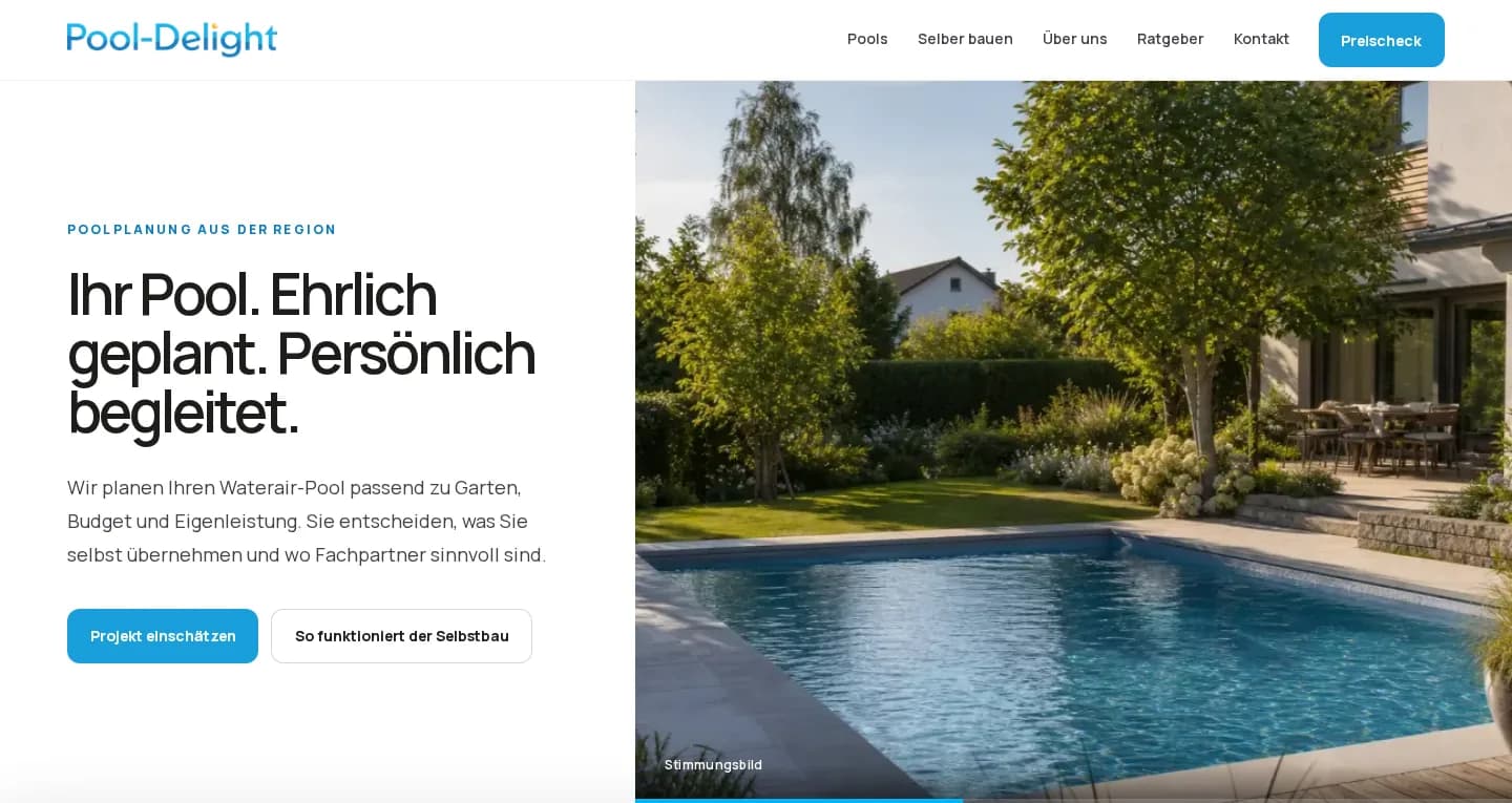 Startseite der veröffentlichten Pool-Delight-Website mit persönlicher Poolplanung und Preischeck